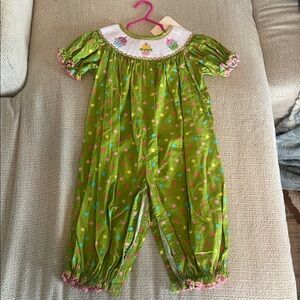 Girls Green Polka Dot Smocked One-Piece Romper